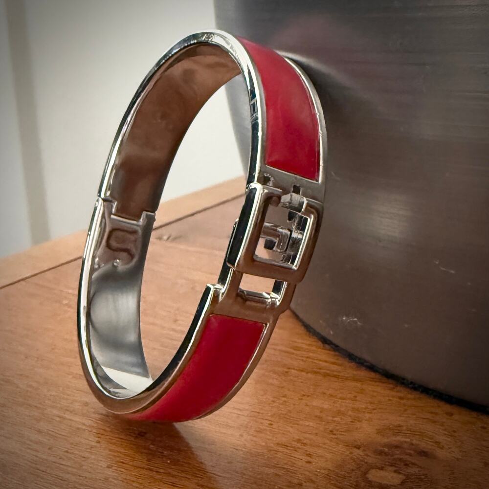 Silver Tone Red Enamel Hinged Bangle Bracelet Geometric Link Modern